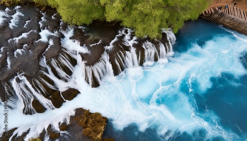 bruarfoss waterfall in iceland as an abstract of the blue water and whitewater from above