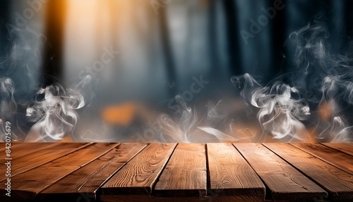 fog in darkness abstract defocused smoke on wooden table halloween backdrop