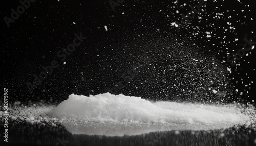 photo image of falling down snow heavy big small size snows freeze shot on black background isolated overlay fluffy white snowflakes splash cloud in mid air real snow throwing