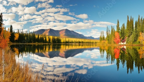photo of a lake near yellowknife canada on a beautiful calm fall afternoon with reflections in the water