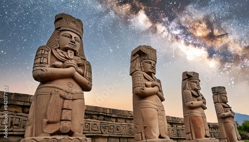 toltec sculptures in tula against background of starry sky mexico