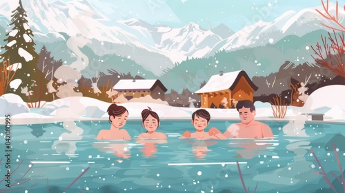 Happy family in hot spring spa with snow mountain. Vector illustration.