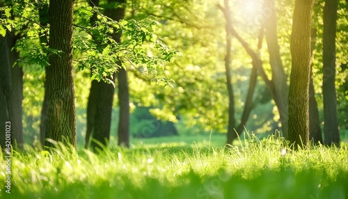 defocused green trees in forest or park with wild grass and sun beams beautiful summer spring natural background
