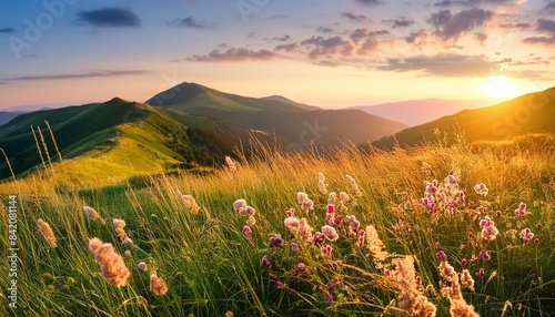 beautiful natural panoramic countryside landscape blooming wild high grass in nature at sunset warm summer pastoral scenery selective focusing on foreground