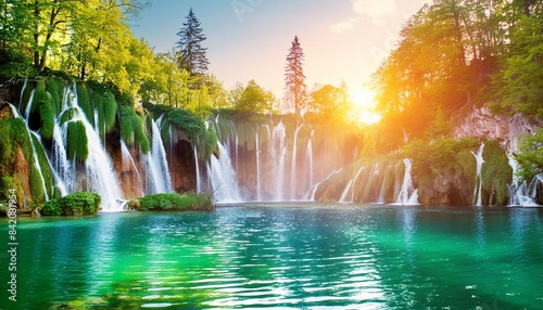 amazing waterfall in plitvice lakes national park croatia europe majestic view with turquoise water and sunset sunny beams travel destinations background