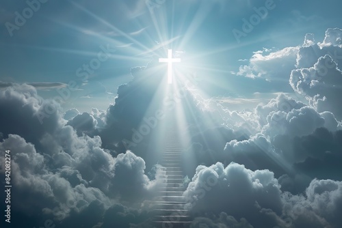 Elevated view of a glowing cross amidst clouds with radiant sunbeams. Conceptualizes spirituality and divine light. Ideal for religious and inspirational themes. Digital illustration style