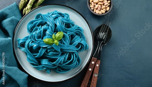 a plate of bright vegetarian blue pasta garnished with asparagus pine nuts and greens