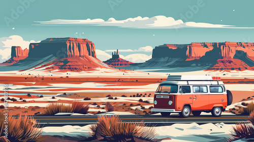 Artistic vector illustration of vintage retro camper van