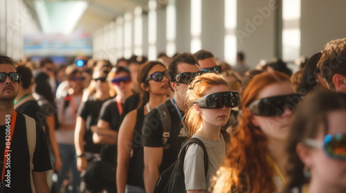 Group of people at Airport are wearing VR headsets, looking up and experiencing a virtual world
