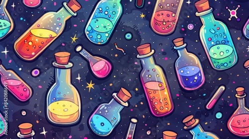A charming cartoon chemistry illustration featuring a seamless alchemy pattern background adorned with adorable laboratory bottles exuding an aura of magic liquid