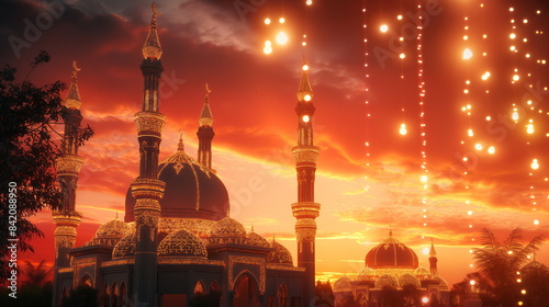 Picturesque sunset view over a mosque adorned with festive Eid ul Azha lights and decorations