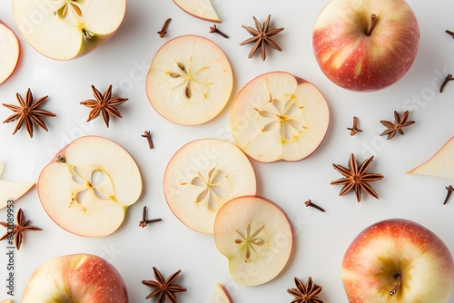 Apple slices and star anise on a white background. Flat lay composition for design and print