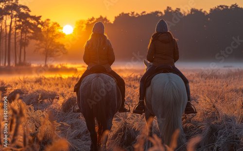 Two women ride horses in field at sunrise