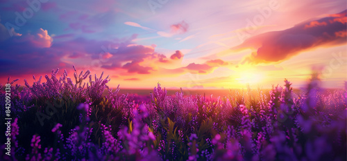 Field of Purple Heather Flowers at Sunset
