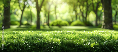 Green Lawn with Blurred Trees and Sunlight