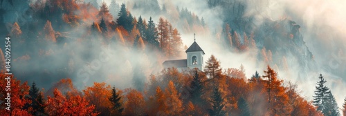 Foggy mountain with colorful Autumn forest and church bell tower