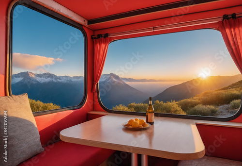 View from caravan inside on landscape mountain nature.