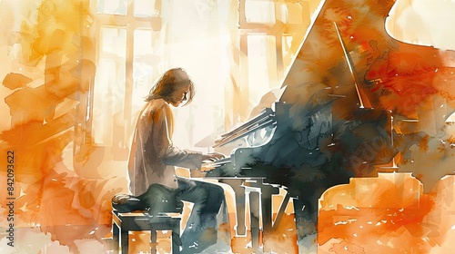A watercolor painting of a man playing the piano