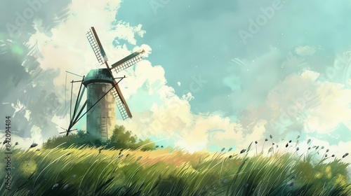 Artistic painting of rural countryside scene with traditional windmill