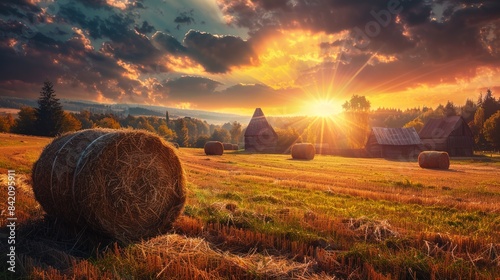 Closeup view of dry crop hay bale in farm land field with golden warm sunlight