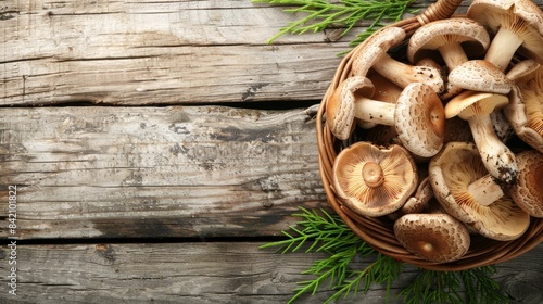 Fresh Wild Mushrooms in a Rustic Basket on Wooden Background