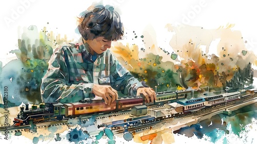 A boy is playing with his toy trains.