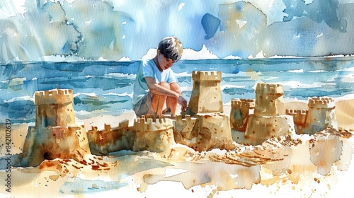 A watercolor painting of a boy building a sandcastle on the beach.