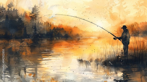 A watercolor painting of a man fly fishing in a lake at sunset.