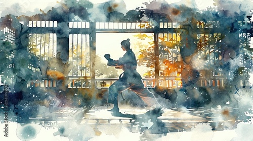 A watercolor painting of a man in a karate pose.