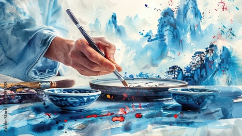 An artist's hand painting a blue and white porcelain plate with a landscape design.
