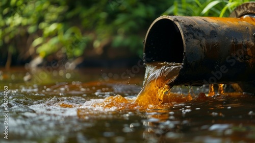 Rusty Pipe Discharging Waste Water Into Stream During Daytime