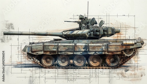 Weathered tank illustration on architectural plans