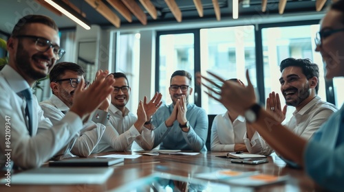 Group of business people clapping hands during a meeting in the office. AIG535