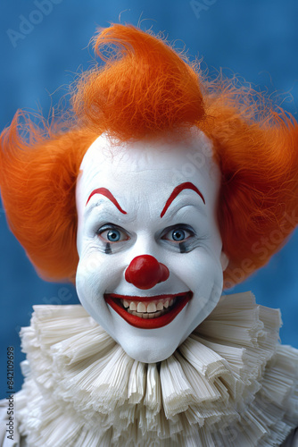 Smiling clown with red hair and white face paint on a blue background