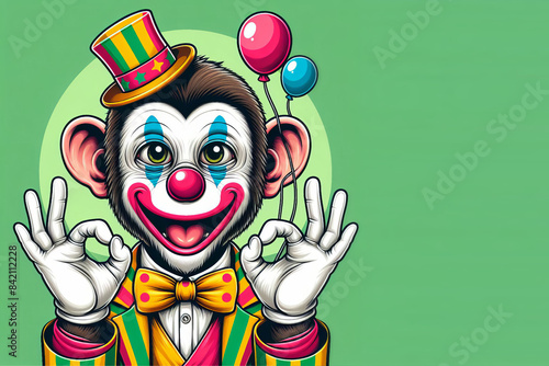 Cartoon monkey in clown costume giving happy gesture with hand