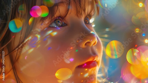 A close up of a little girl with black hair, bangs, smiling, with twinkling Christmas lights reflecting in her iris, eyelashes, nose, and rosy cheeks. A beautiful scene filled with joy and fun AIG50