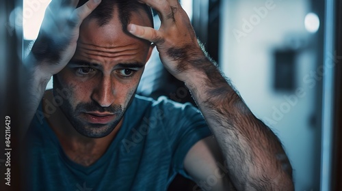 Male pattern hair loss problem concept. Young caucasian man looking at mirror worried about balding. Baldness, alopecia in males. (Generative AI)