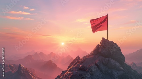 Flag on mountain peak at sunrise, scenic landscape. Achievement and adventure concept