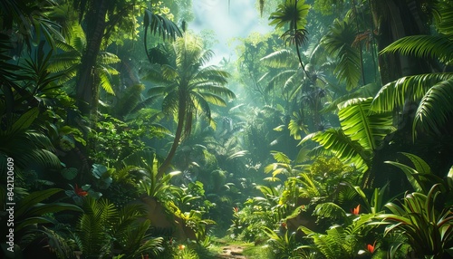 Dense rainforest filled with towering trees and diverse exotic plants, with a rich undergrowth and the sounds of wildlife creating a vibrant and immersive jungle scene