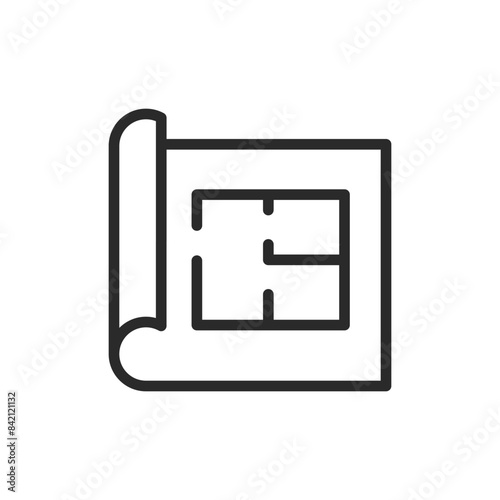 Floor plan, linear style icon. Sheet with architectural drawing. Editable stroke width