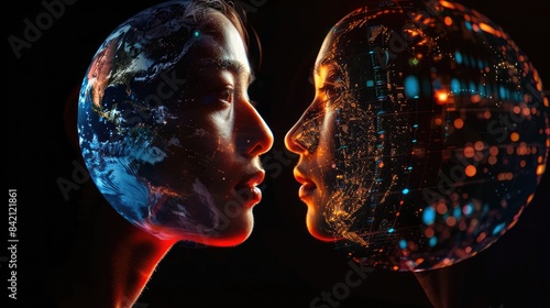 Ethical implications of global AI depicted in merging human and AI faces with a holographic globe. AI ethics