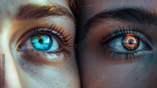 Trust and ethics in AI depicted by close-up of human and AI eyes looking at each other. AI ethics
