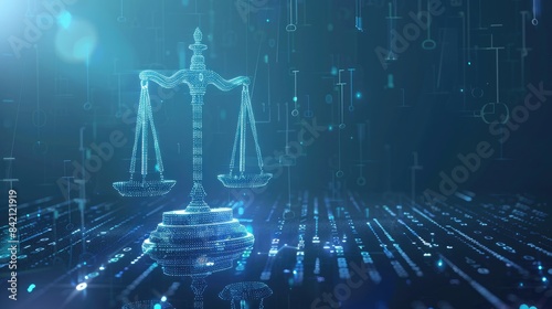 AI ethics concept illustrated by binary code forming a balance scale representing justice and technology. AI ethics