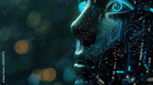 Holographic human face with AI circuits and question mark representing ethical dilemmas in artificial intelligence. AI ethics
