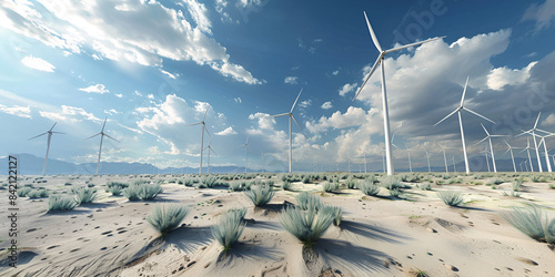 wind turbines in the mountains, Sunlit coastal wind farm with turbines Generative ai, Explore the vast expanse of the desert as wind tur generative ai, Mountain Wind Energy: Sunlit Coastal Turbines, 