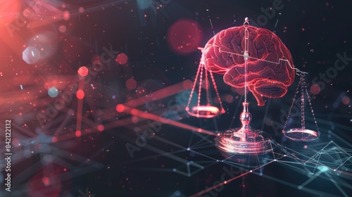 AI ethics concept with digital brain and scales depicting balance in AI development. AI ethics