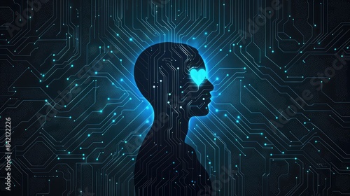 Representation of ethical AI integration through AI circuit, human silhouette, and heart. AI ethics