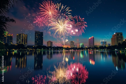 Fireworks illuminating Orlando skyline over lake at night during celebration event