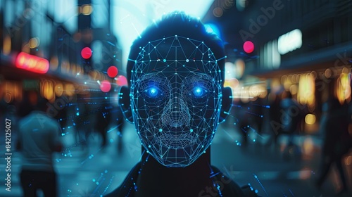 A persons face is overlaid with a digital grid, showcasing the technology of facial recognition in a busy city at night. Generative AI