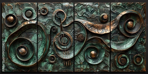 multipart artisan copper relief, musical wavy abstract pattern made of black patinated copper